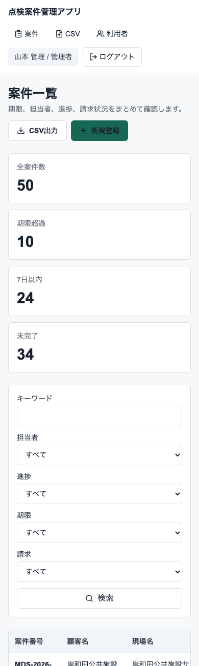 点検案件管理アプリの案件一覧 モバイル表示